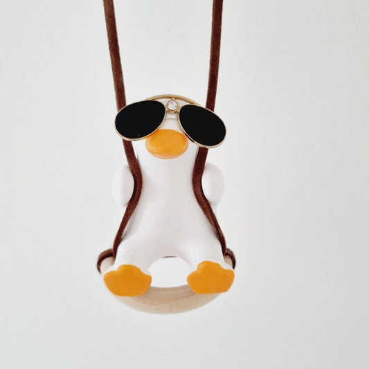 Cute White Duck with Sunglasses Swinging on a Wooden Ring / Car accessory