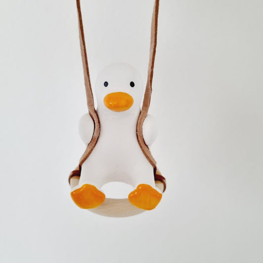 Cute White Swing Duck, Yellow Paws, Beak on Wooden Ring / Car accessory