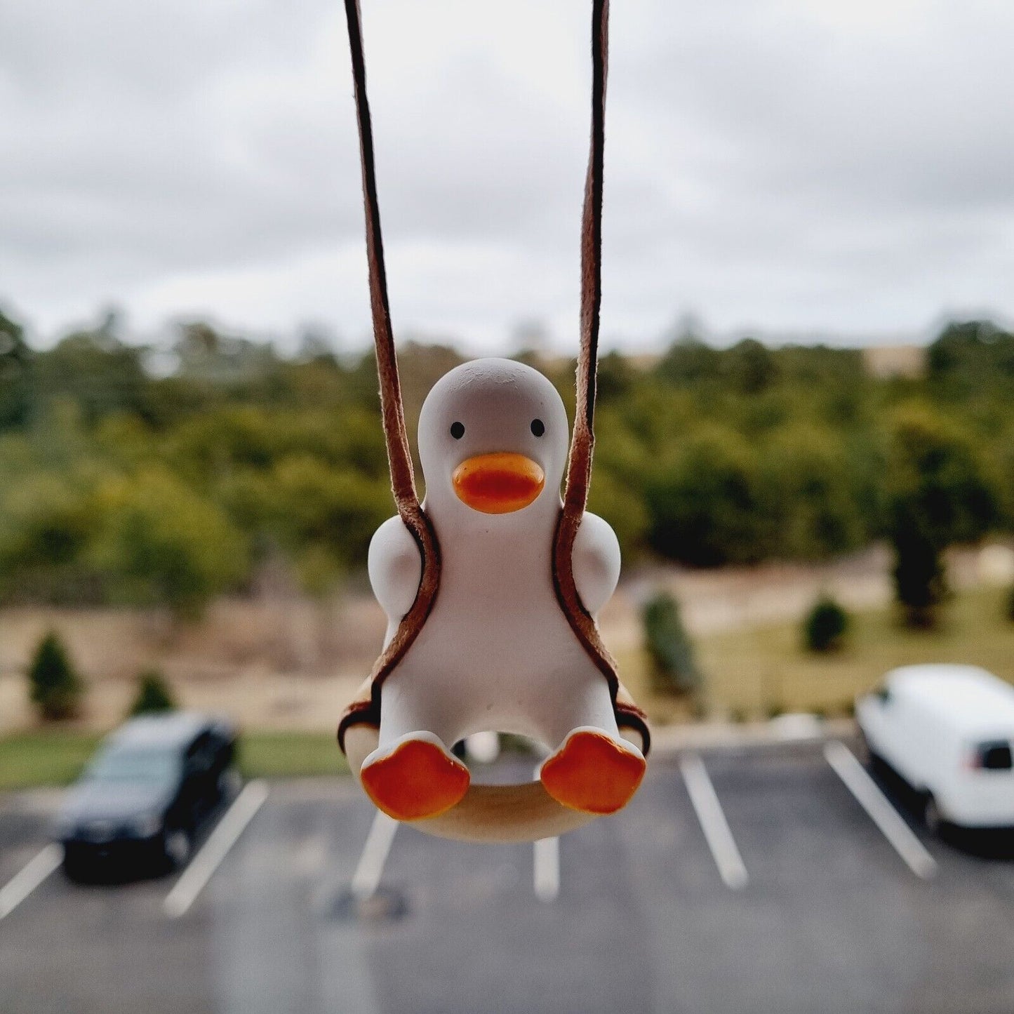 Cute White Swing Duck, Yellow Paws, Beak on Wooden Ring / Car accessory