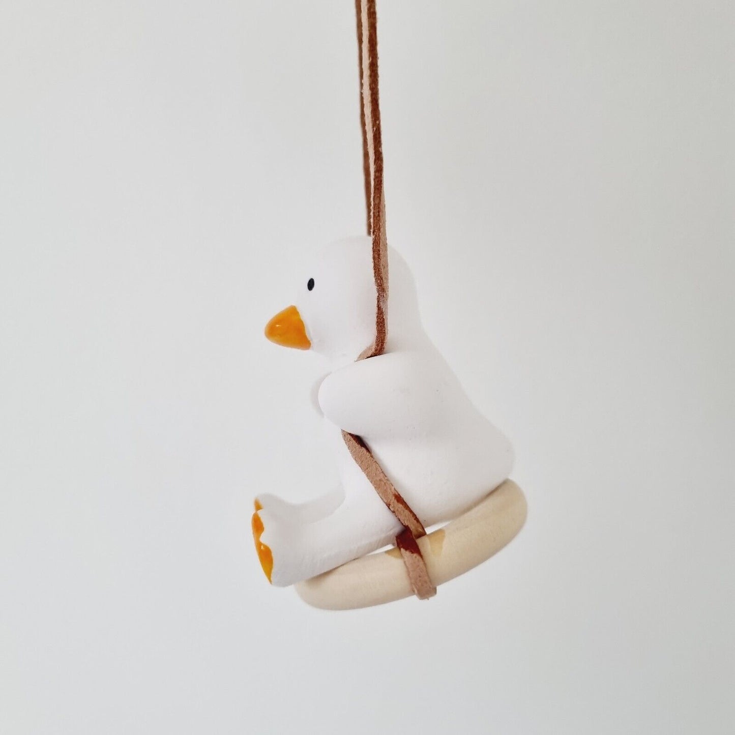 Cute White Swing Duck, Yellow Paws, Beak on Wooden Ring / Car accessory