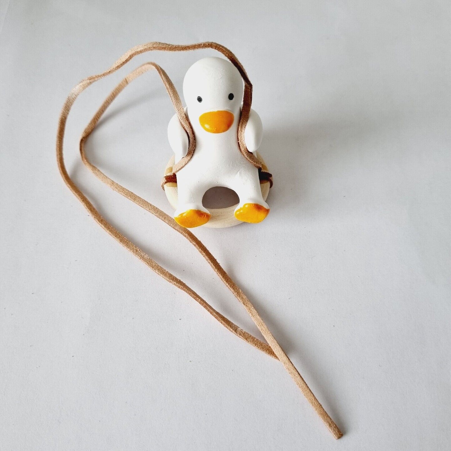 Cute White Swing Duck, Yellow Paws, Beak on Wooden Ring / Car accessory