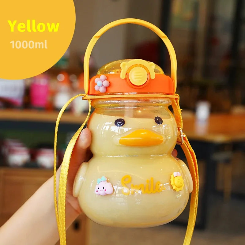 Cute Duck Water Bottle β 1000ml Leakproof & BPA-Free