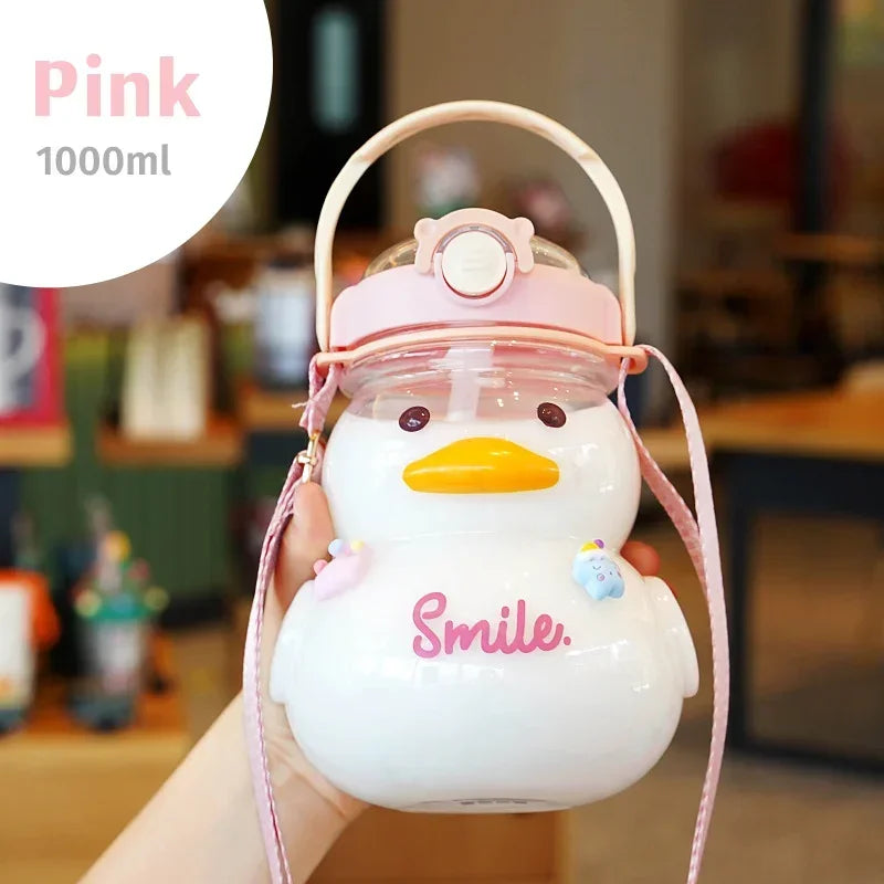 Cute Duck Water Bottle β 1000ml Leakproof & BPA-Free