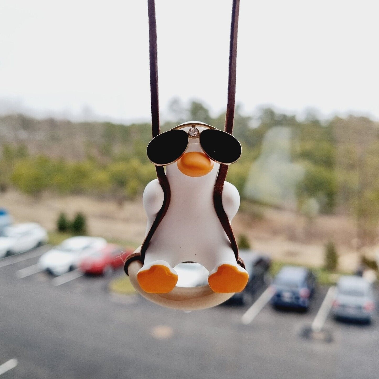 Cute White Duck with Sunglasses Swinging on a Wooden Ring / Car accessory