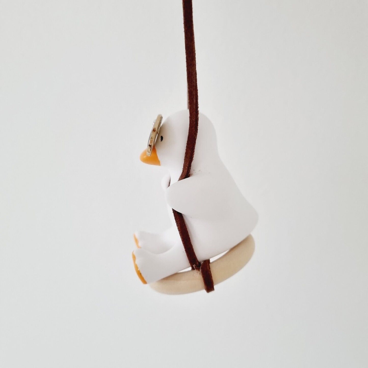 Cute White Duck with Sunglasses Swinging on a Wooden Ring / Car accessory