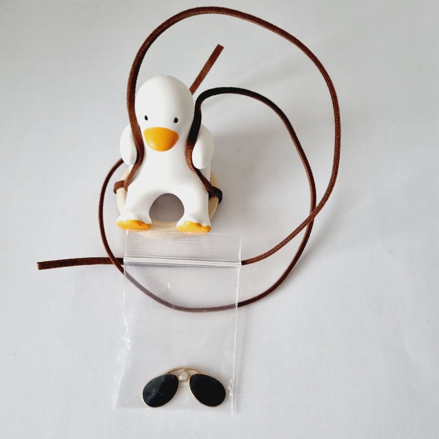Cute White Duck with Sunglasses Swinging on a Wooden Ring / Car accessory