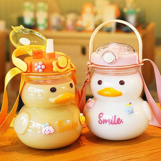 Cute Duck Water Bottle – 1000ml Leakproof & BPA-Free