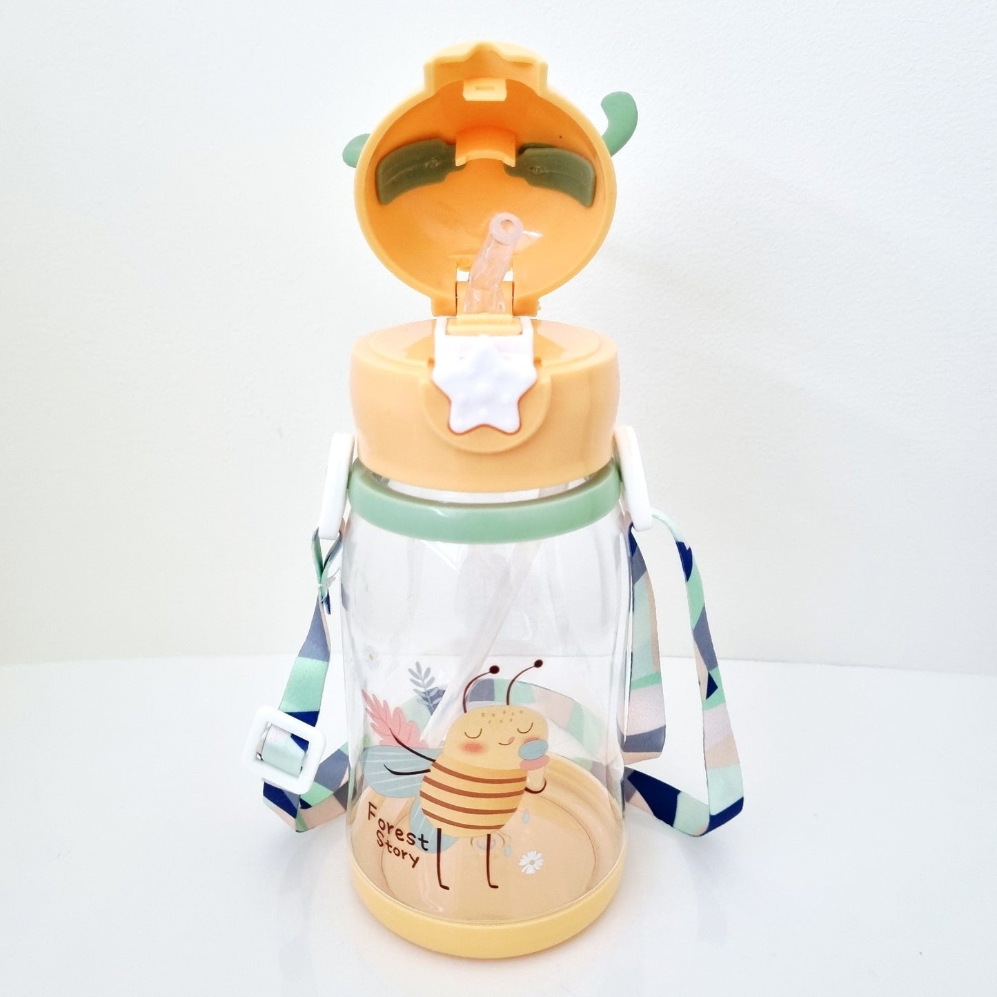 🧋🐝 Cute Water Bottle Bee Orange with Straw & Backing Strap