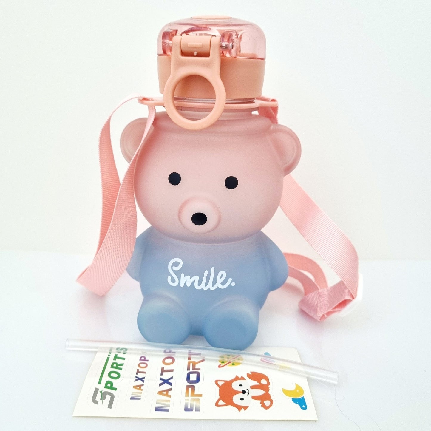 🐻🧋Blue & Pink Bear Design Water Bottle with Straw, Stickers & Backing Strap