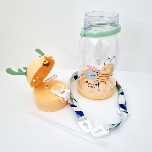 🧋🐝 Cute Water Bottle Bee Orange with Straw & Backing Strap