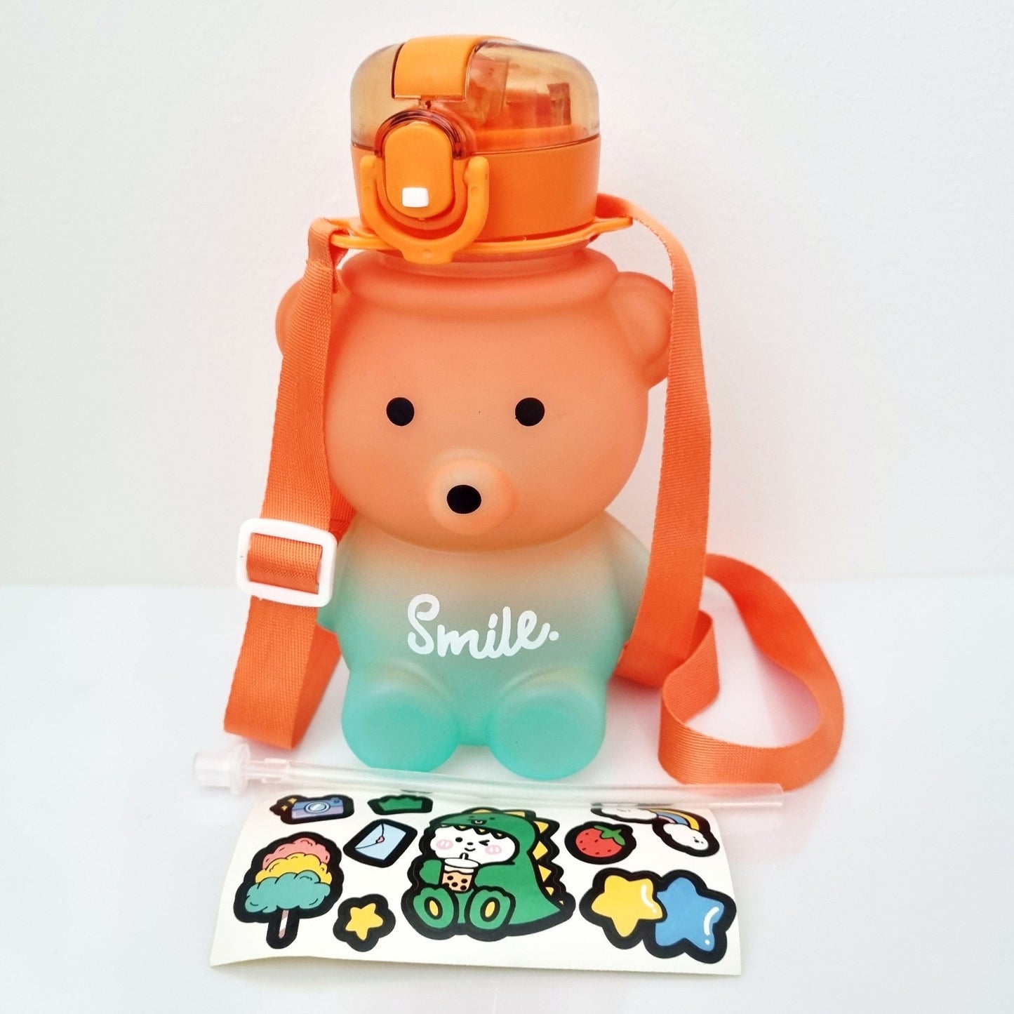 🥤🐻 Bear Design Water Bottle with Straw, Stickers & Backing Strap
