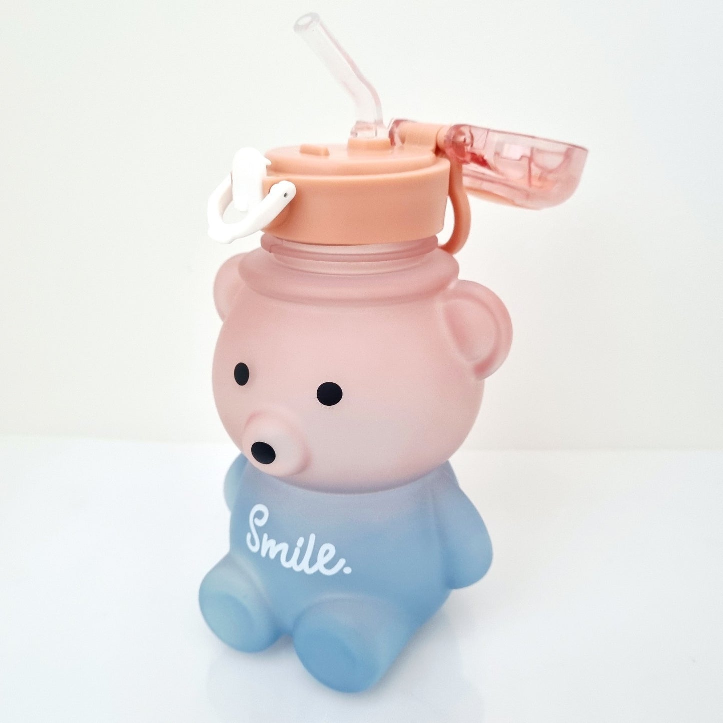 🐻🧋Blue & Pink Bear Design Water Bottle with Straw, Stickers & Backing Strap