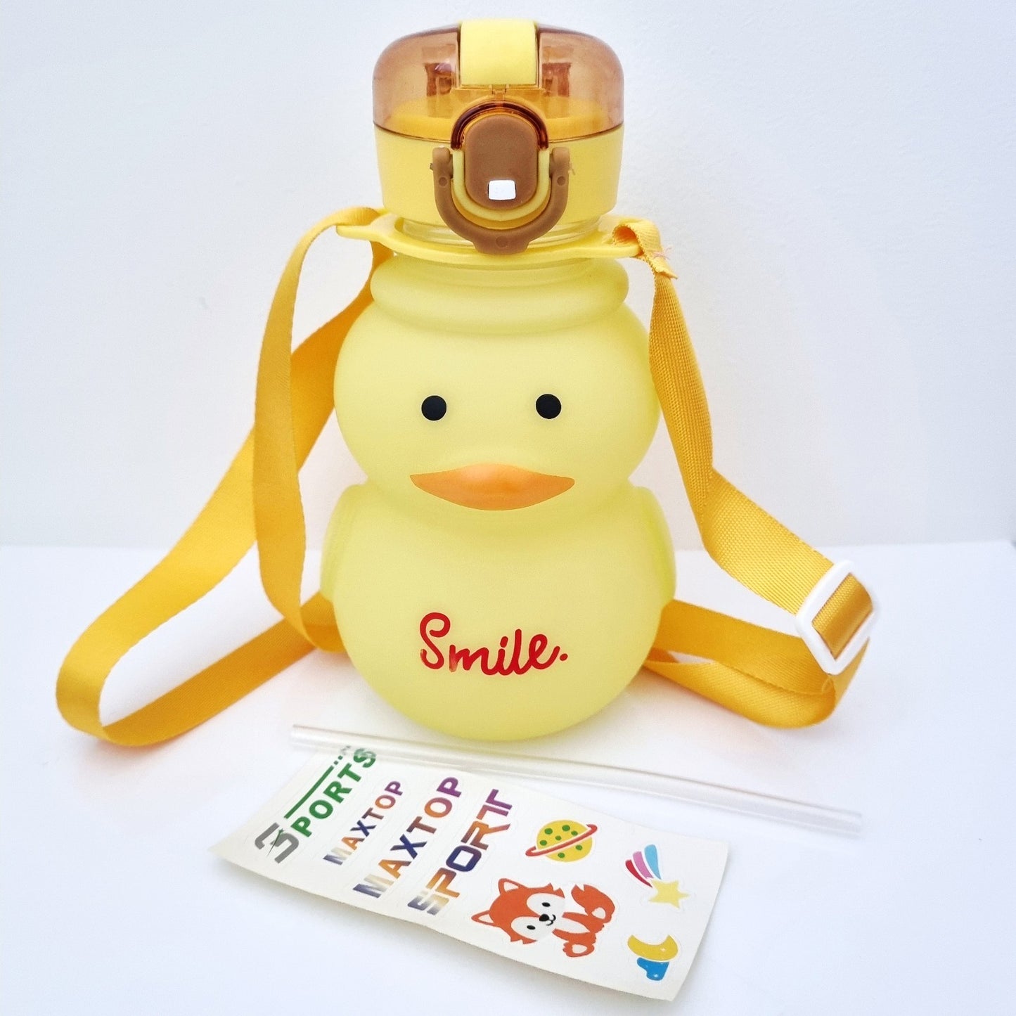 🧋🐥 Yellow Duck Design Water Bottle with Straw, Stickers & Backing Strap
