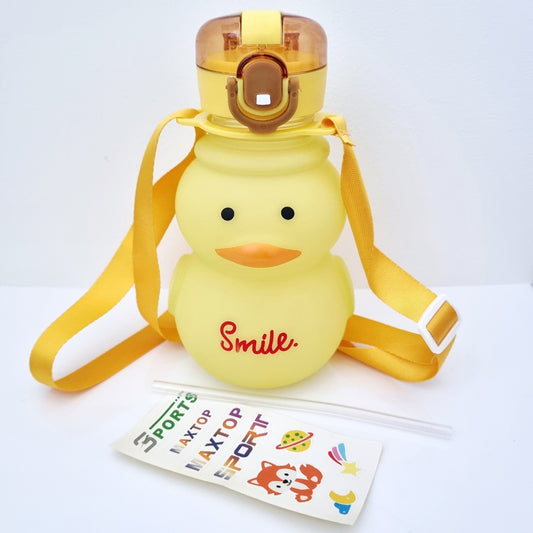 🧋🐥 Yellow Duck Design Water Bottle with Straw, Stickers & Backing Strap