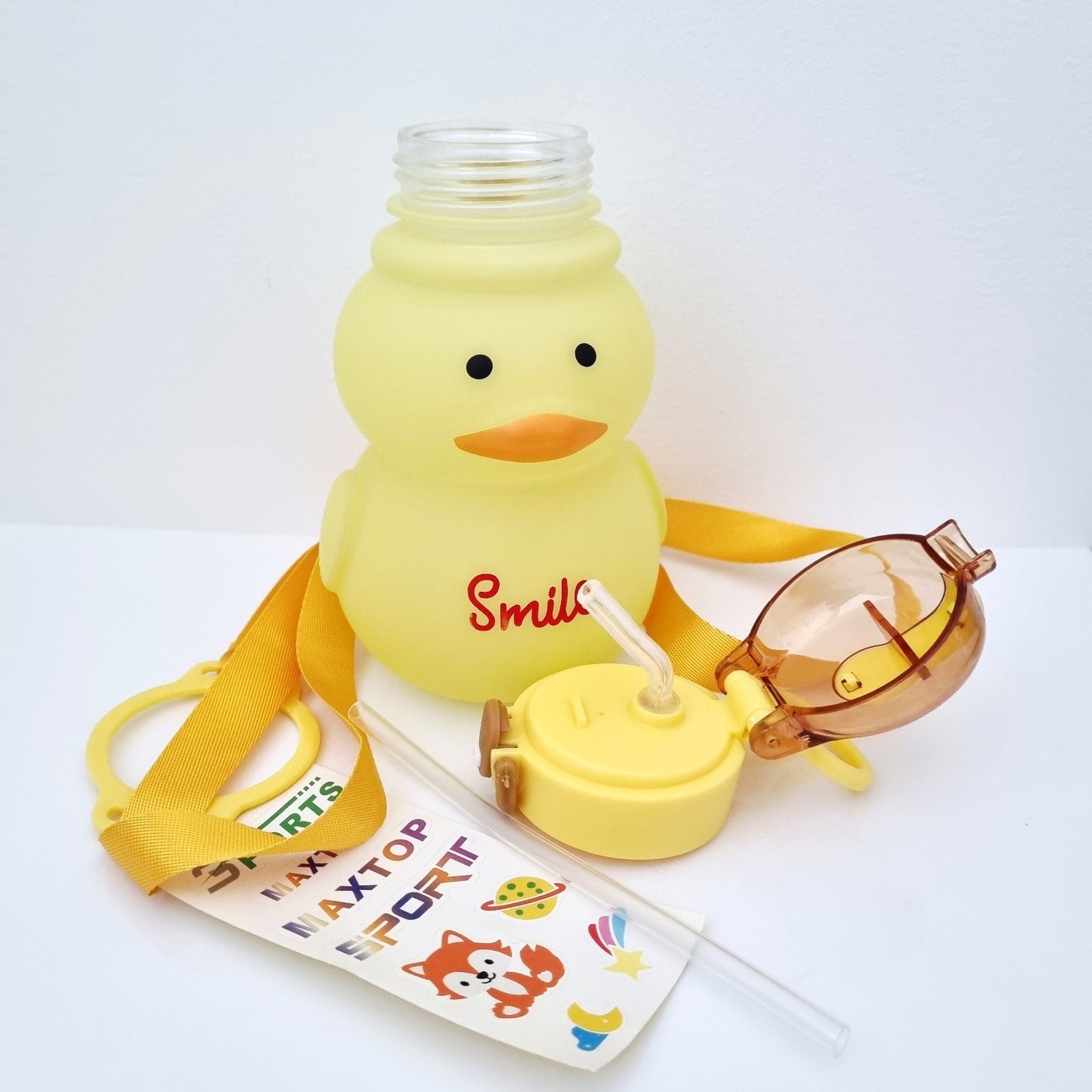 🧋🐥 Yellow Duck Design Water Bottle with Straw, Stickers & Backing Strap
