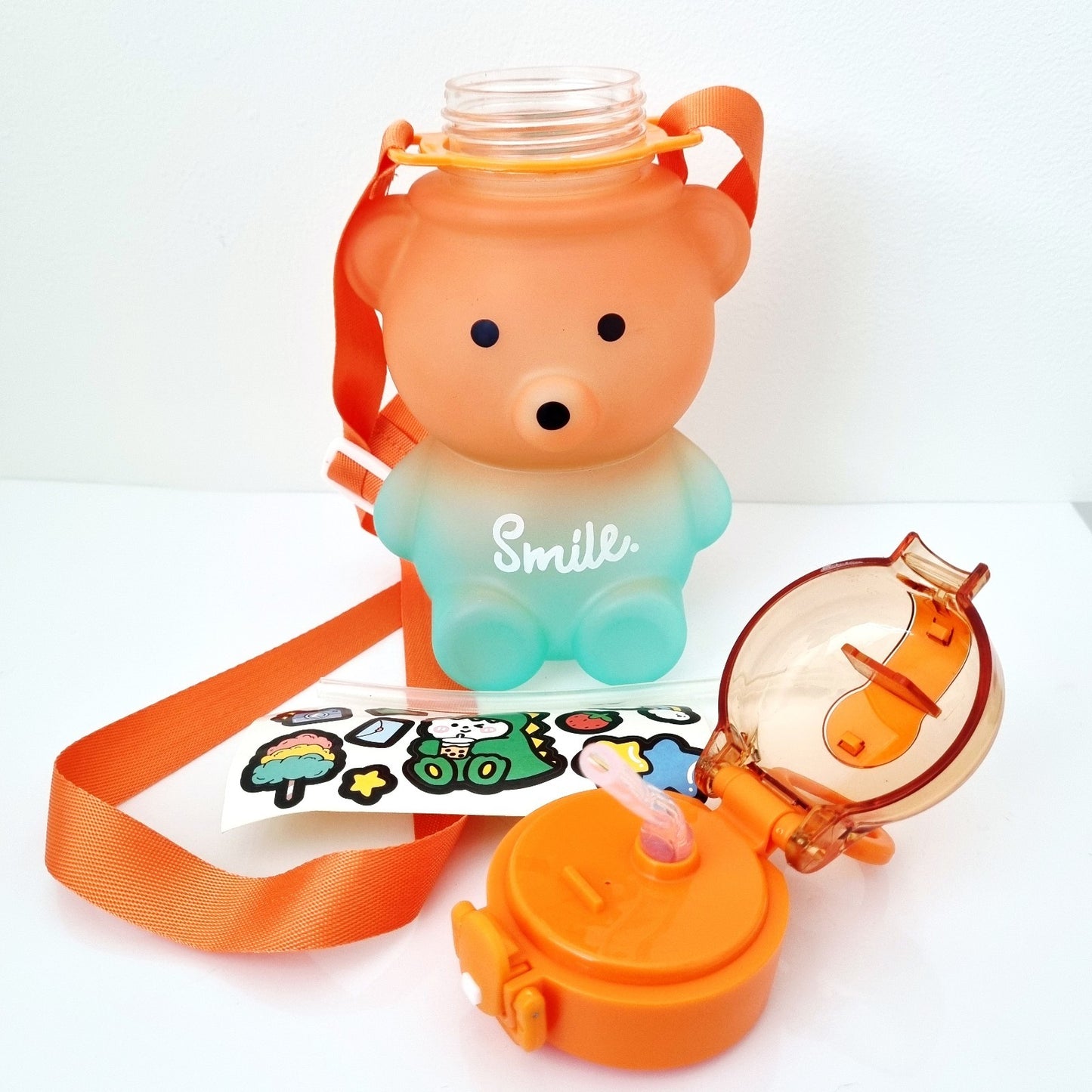 🥤🐻 Bear Design Water Bottle with Straw, Stickers & Backing Strap