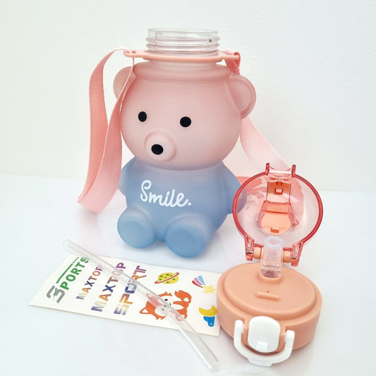 🐻🧋Blue & Pink Bear Design Water Bottle with Straw, Stickers & Backing Strap
