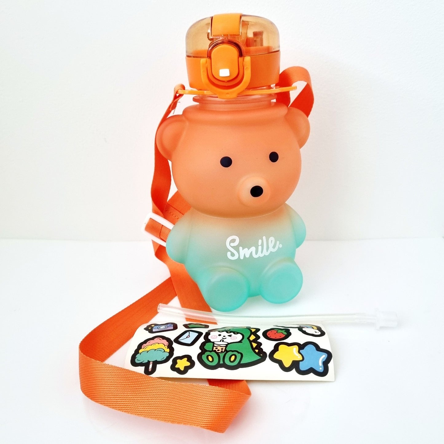 🥤🐻 Bear Design Water Bottle with Straw, Stickers & Backing Strap
