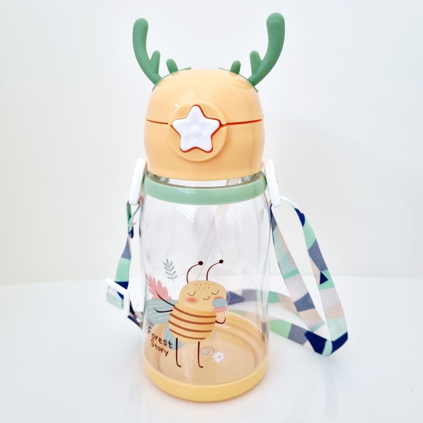🧋🐝 Cute Water Bottle Bee Orange with Straw & Backing Strap