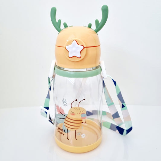🧋🐝 Cute Water Bottle Bee Orange with Straw & Backing Strap